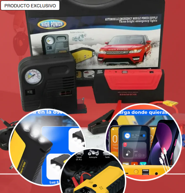 🚗 AutoHero - Kit de desvare tu salvavidas en la carretera 🚗 INICIADOR DE BATERIA, COMPRESOR, POWER BANK Y TE DA LUZ DE EMERGENCIA - Regalo + Envío Gratis + Pague al Recibir